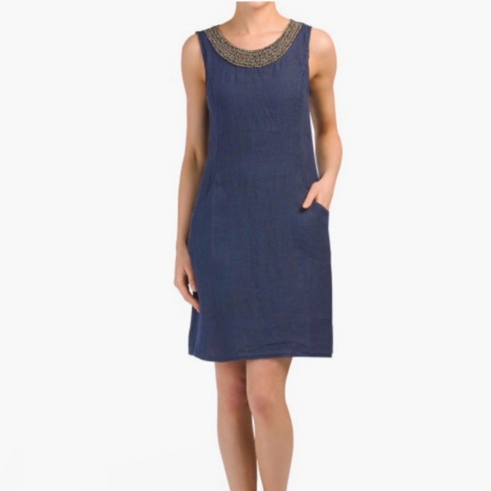 NWT! Lina Tomei Linen Navy Italian Dress Beaded Scoop Neck Sleeveless Small